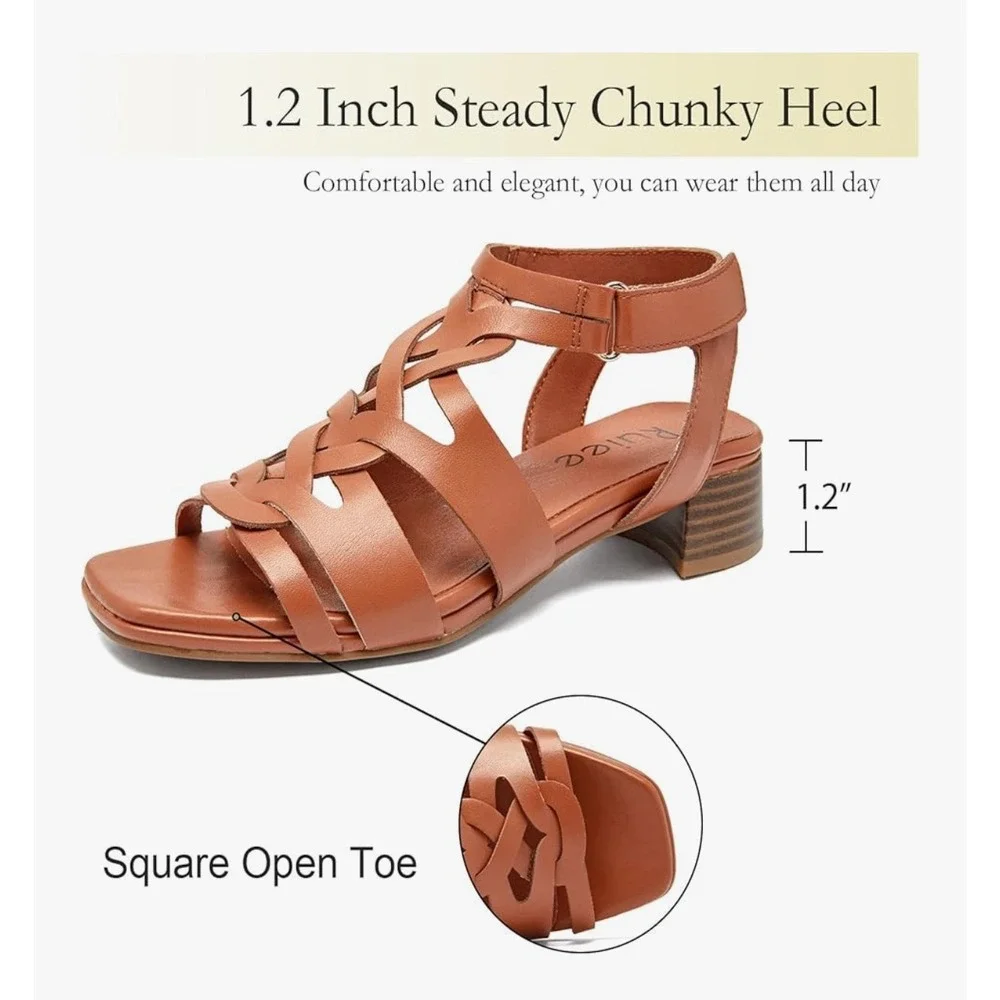 Ruiee Womens Tan Faux Leather Strappy Gladiator Sandals Square Toe‎ Heel Size 11